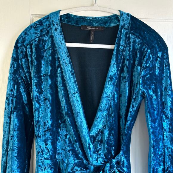 BCBGMaxAzria Velvet Ruched Wrap Dress Blue - Picture 3 of 8